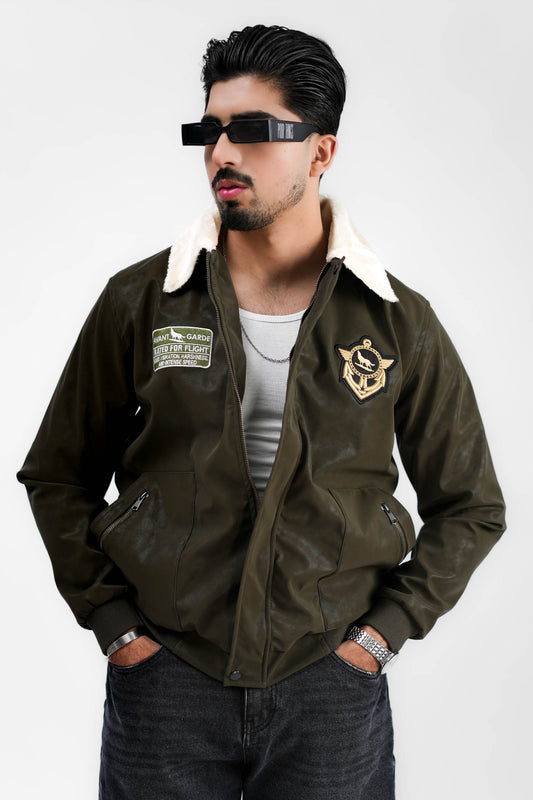 Leather Aviator Jacket - Green