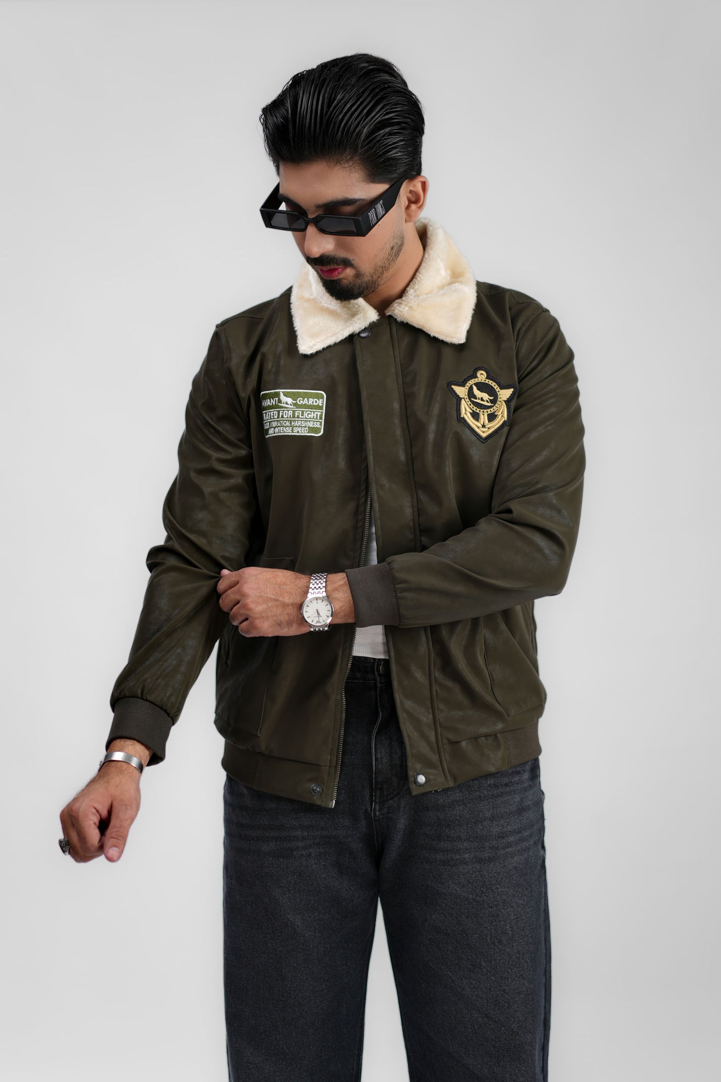 Leather Aviator Jacket - Green