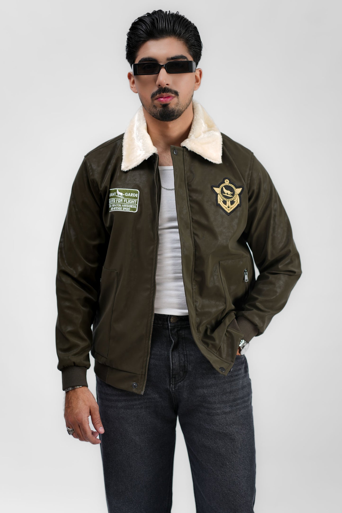 Leather Aviator Jacket - Green