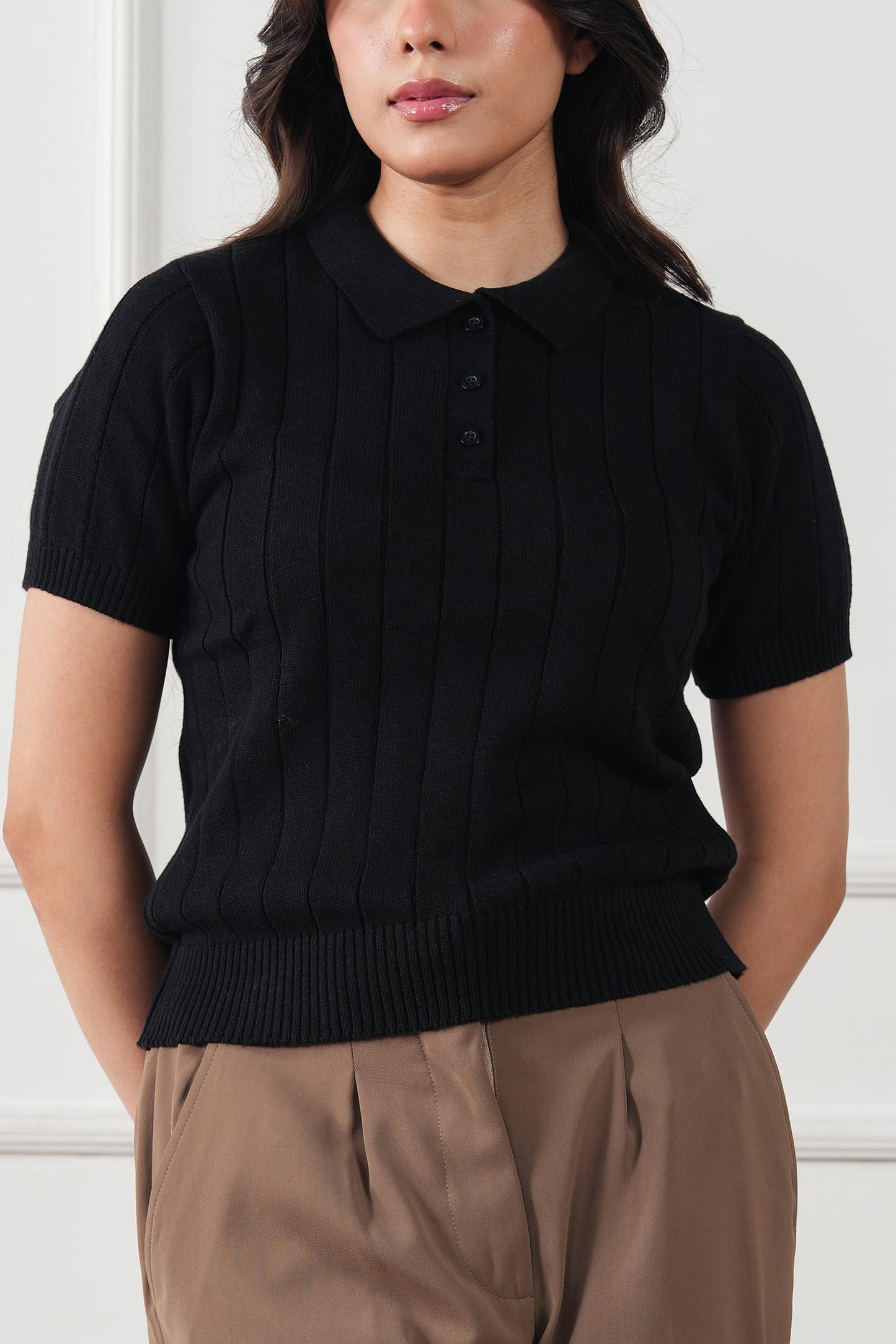 Drop Needle Knit Polo Sweater (WKP-04)