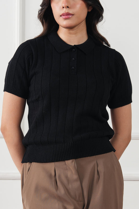 Drop Needle Knit Polo Sweater (WKP-04)