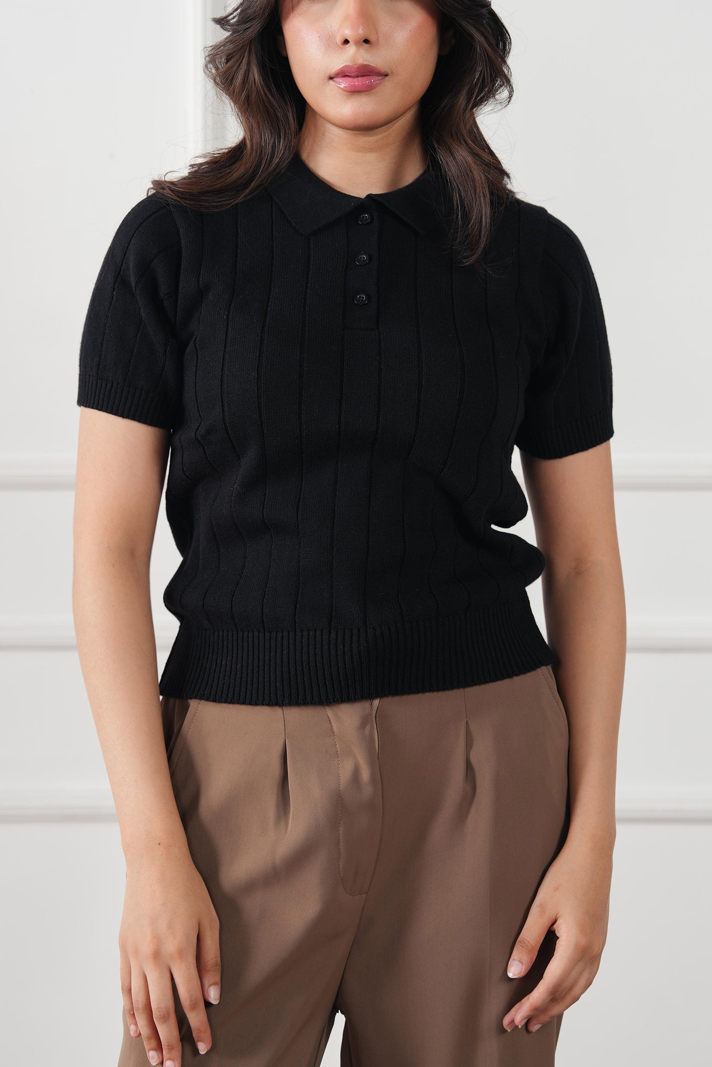 Drop Needle Knit Polo Sweater (WKP-04)