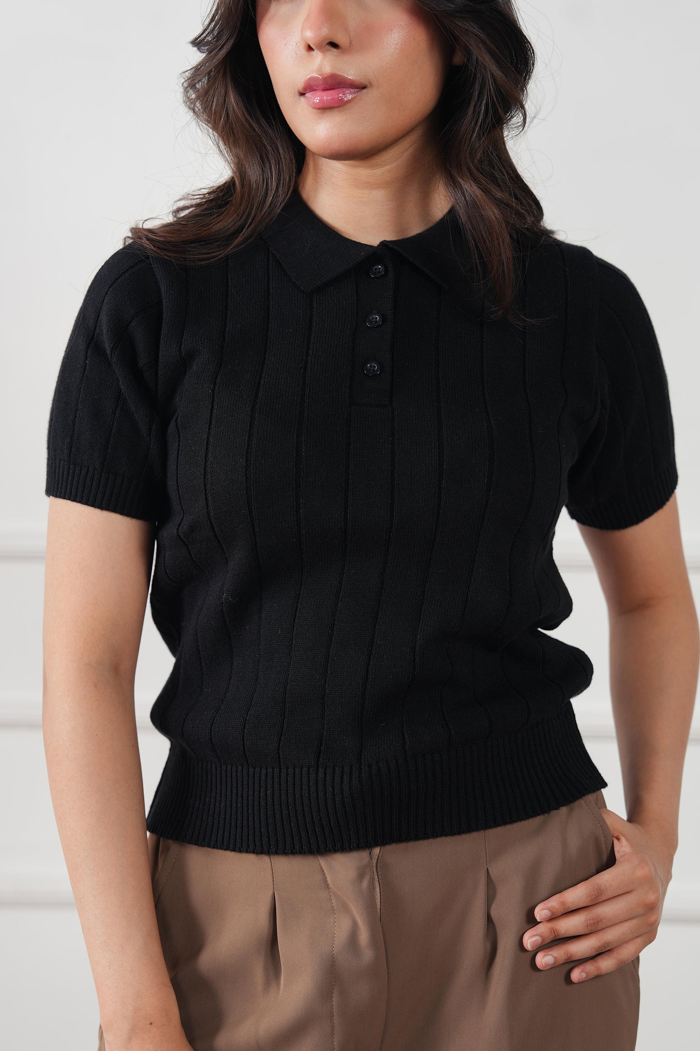 Drop Needle Knit Polo Sweater (WKP-04)