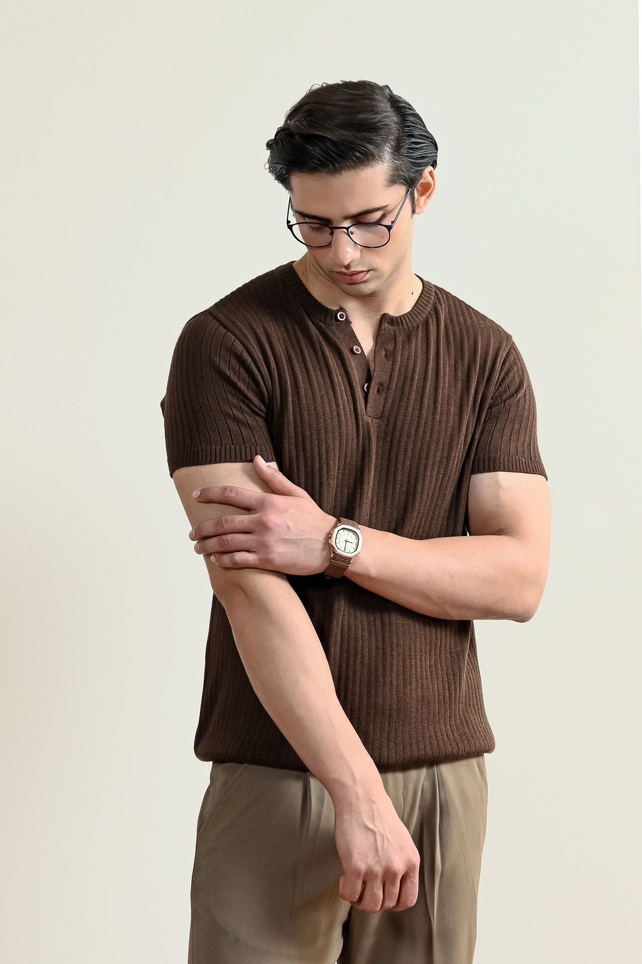 Drop Needle Knit Henley Shirt (MKH-17)