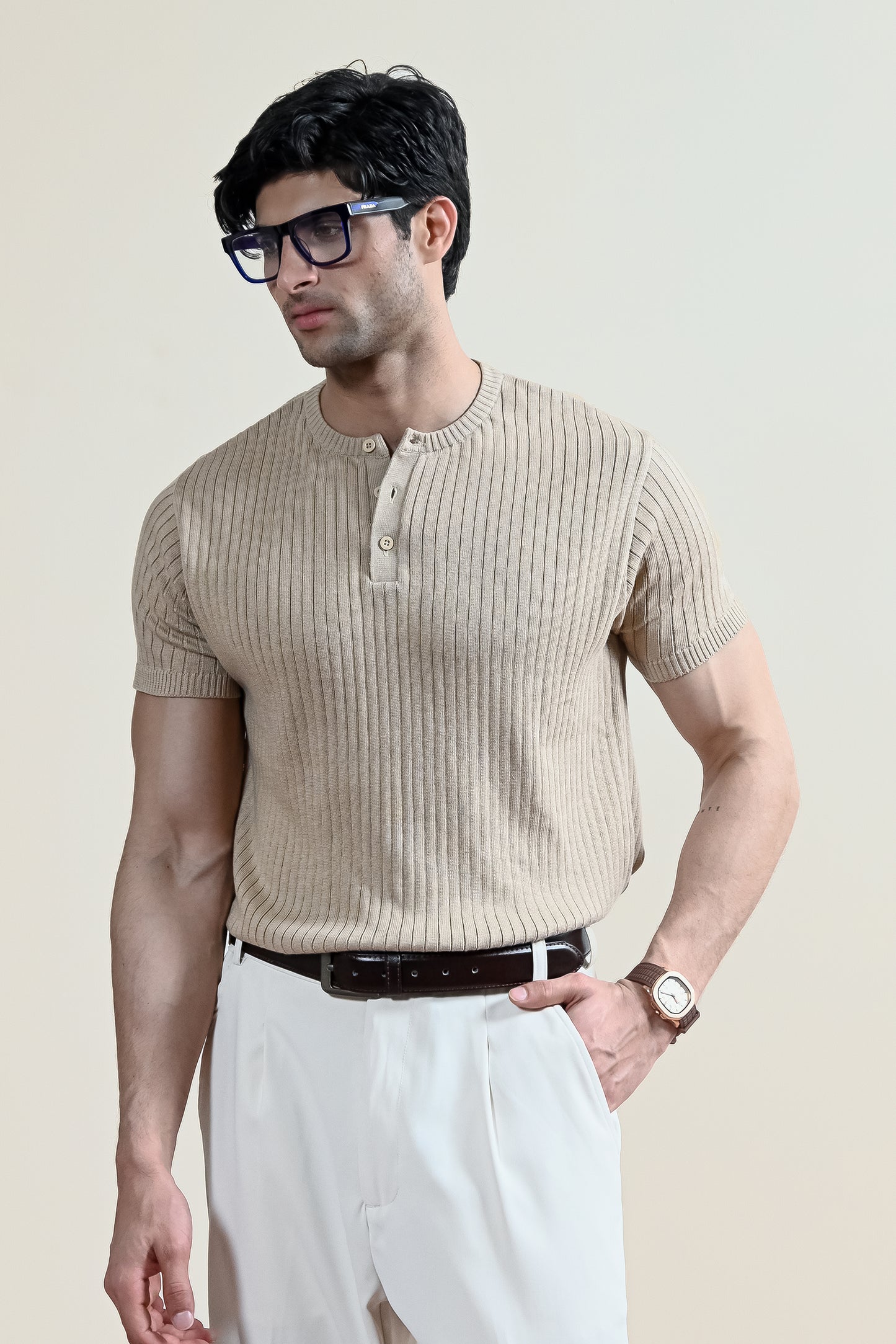 Drop Needle Knit Henley Shirt (MKH-16)